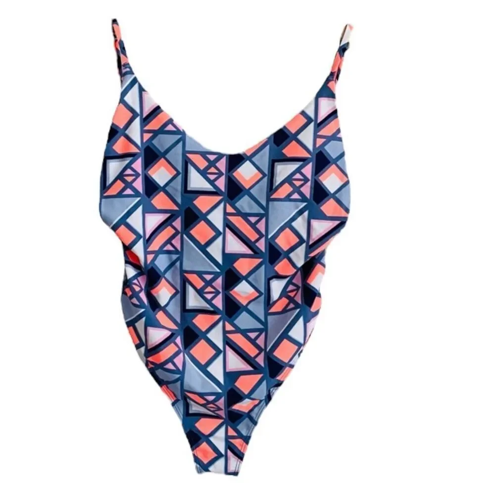 Aerie Geometric Print Voop Neck One Piece Swimsuit size Medium